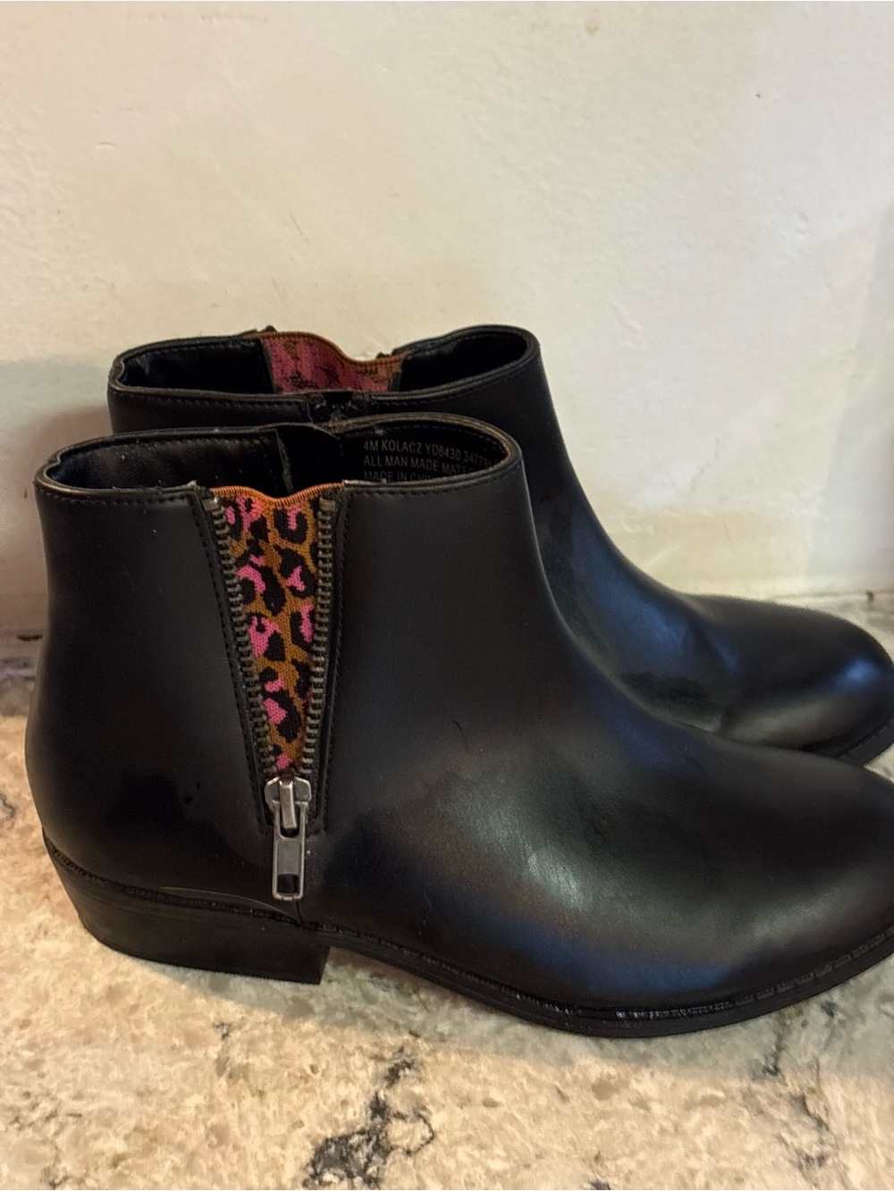 Sugar Black Ankle Heeled Boots with Pink Leopard Trim